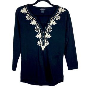 LUCKY BRAND Boho Embroidered Floral 3/4 Sleeve Top